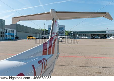 Zurich, Switzerland, May 11, 2022 Tail Of A Diamond Da42 Propeller Plane On The Parking Place At The