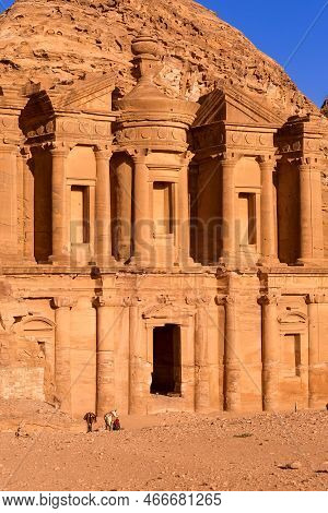 Ad Deir Monastery In The Ancient City Of Petra, Jordan Sunset Panoramic View, Unesco World Heritage 