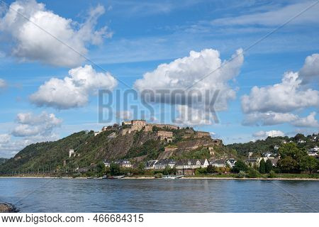 Koblenz, Germany - September 30, 2021: Panoramic Image Of Fortress Ehrenbreitstein Close To The Rhin