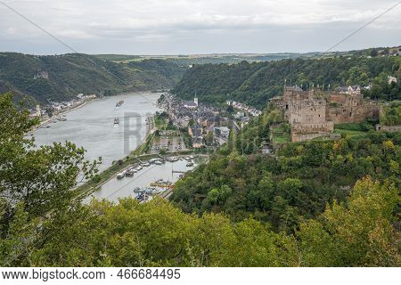 Sankt Goar, Germany - October 3, 2021: Panoramic Image Of Sankt Goar With Rheinfels Castle Against C