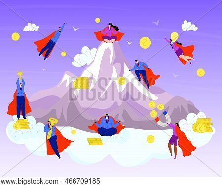 Business Hero, Superheros On Success Mountain Vector Illustration. Businessman In Red Cloacks. Chall