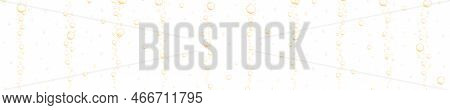 Streaming Gold Bubbles On White Background. Carbonated Water Texture. Sparkling Fizzy Drink, Beer, S