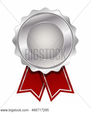 Silver Medal With Red Ribbon Vector. Seal Award Silver. Medal Badge Icons Premium. Blank Medal Templ