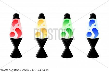 Set Of Lava Lamps With Liquid Gradient Inside. Concept Of Astro And Disco 70s Decor. Vector Illustra