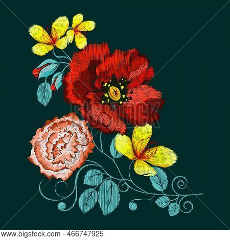 Poppy Embroidery, Butterfly, T-shirt Ornament, Vector Illustration