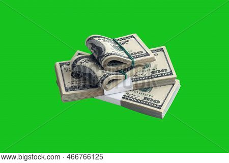 Bundle Of Us Dollar Bills Isolated On Chroma Keyer Green. Pack Of American Money With High Resolutio