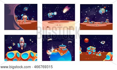 Space Planet Landscape Set, Cosmic Game Background With Spaceship, Alien Fantasy Asteroid Surface. F