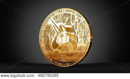 Uniswap Crypto, Uni Token Icon And Sign On Golden Coin, 3d Rendering On A Black Background