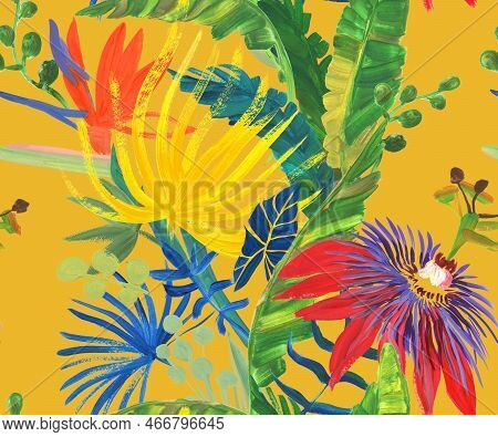 Bright Seamless Pattern With Multicolored Tropical Flowers And Leaves Painted In Drybrush Gouache Fo