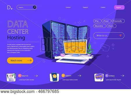 Data Center Concept In Flat Cartoon Design For Homepage Layout. Data Processing And Service, Cloud C