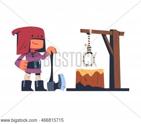 Executor Or Headsman From Middle Age Wearing Red Hat With Sharp Axe Vector Illustration