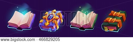 Magic Spell Books, Fantasy Alchemy Grimoires, Closed And Open Wizard Diary With Mysterious Glow And 
