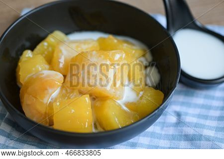 Cassava Food On The Table Food, Sweet Dessert Made Of Boiled Cassava, Sugar And Coconut Milik - Thai