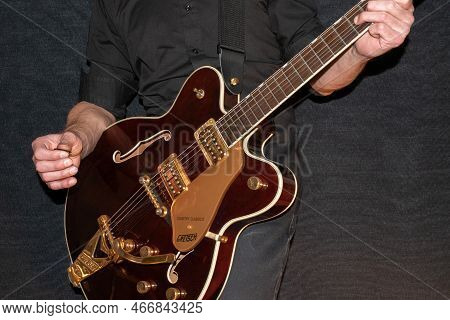 Vaduz, Liechtenstein, January 28, 2022 Artist Is Playing With A Gretsch Country Classic Electric Gui