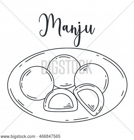 Flour Pie Stuffed With Anko Doodle Illustration. Manju With Chocolate Ink Sketch. Asian Cuisine Dess