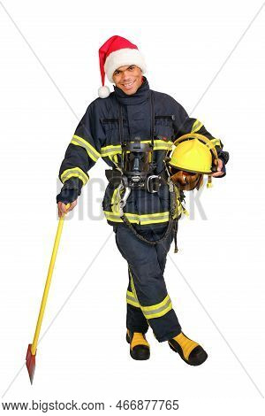 Full Body Young African-american Fireman In Fire-proof Uniform And Red Santa Hat, Holds Axe And Yell
