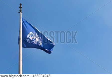 The Hague, Netherlands - July 22 2019 : The Flaf Of The United Nations Hanging Outside The Internati