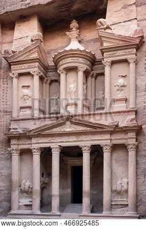 Treasury Or Khazne Al-firaun Detail In Petra, Jordan, The Facade Of A Nabatean Tomb Near Wadi Musa