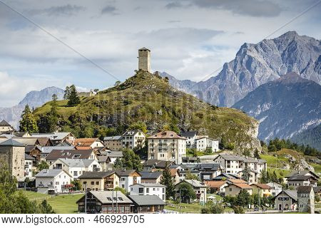 Idyllic Landscape Of Ardez Village, Engadine, Swiss Alps, Switzerland