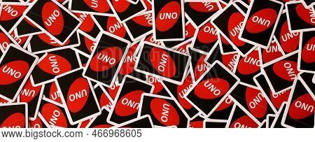 Ternopil, Ukraine - May 15, 2022: Many Colorful Uno Game Cards. Uno Is An American Shedding-type Car