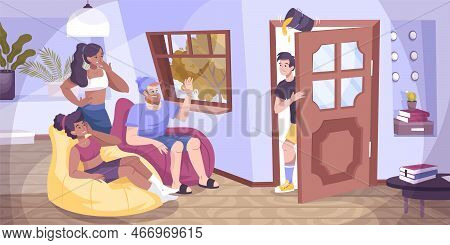 All Fools Door Flat Composition With Indoor Scenery Of Living Room With Group Of Young Friends Vecto