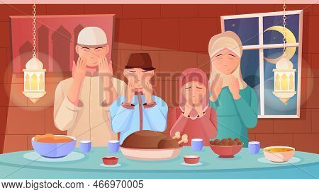 Family Praying Before Iftar Dinner During Ramadan Flat Vector Illustration