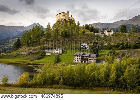 Idyllic Landscape Of Scuol Tarasp Village At Sunrise, Engadine, Swiss Alps, Switzerland