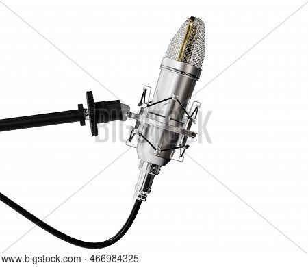 Microphone Isolated On White. Condencer Mic For Studio Recording Voice. Microphone For Radio Station