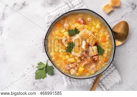 Lentil Pea Soup Garnish With Ham And Pork Ribs