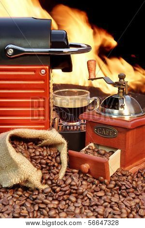 Coffee Machine With Cup  Of Espresso Near Fireplace