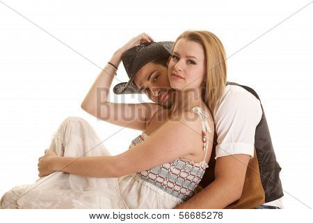 Cowboy Sit Woman In Front Head On Shoulder