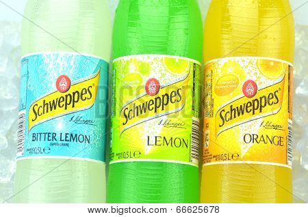 Bottles of Schweppes drink on ice cubes