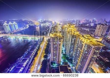 Fuzhou, Fujian, China cityscape on the Ming River.
