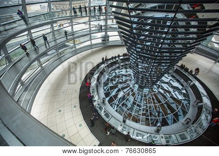 BERLIN, GERMANY - NOV 15, 2014: People visit the modern dome on the roof of the Reichstag. It is a glass dome constructed on top of rebuilt Reichstag - Germany's parliament building.