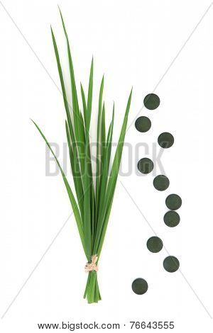 Chlorella tablets and wheat grass over white background.