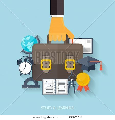 Flat concept education background. Back to school. Distance learning. Study in univercity.