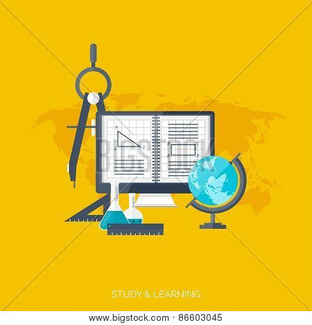 Flat concept education background. Back to school. Distance learning. Study in univercity.