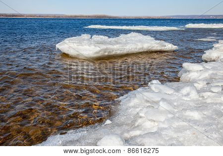 Floating Of Ice On The River Volga On Sunny Day