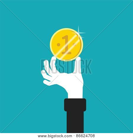 Golden Coin In Hand Vector Concept In Flat Style