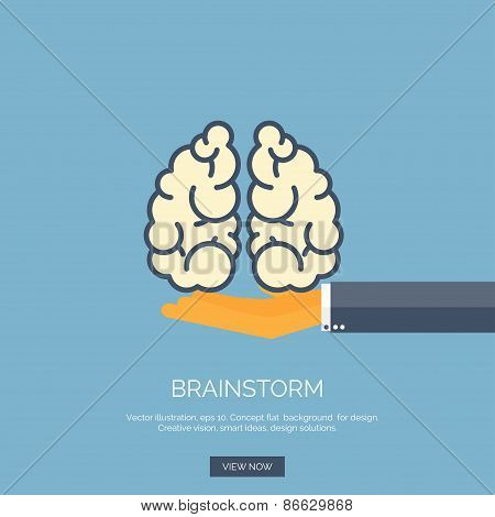 Vector illustration. Flat background with hand and brains. Brainstorm, teamwork. Creative vision.