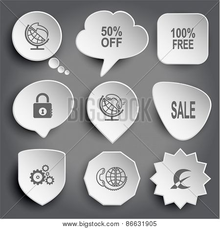 globe and arrow, 50% OFF, 100% free, closed lock, globe and handset, sale, gears, global communication, monetary sign. White raster buttons on gray.
