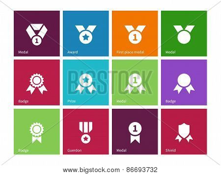 Cup and medal icons on color background.