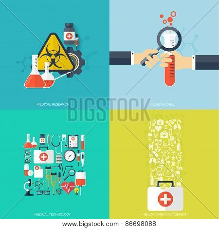 Flat health care and medical research background. Healthcare system concept. Medicine and chemical e