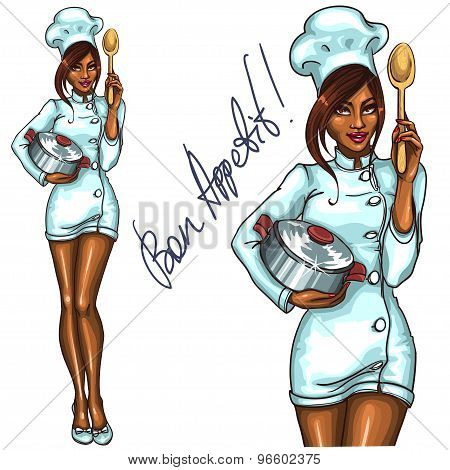 Pretty Chef with pot and spoon.