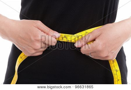 The Woman In Black Measures Her Waist Circumference With Measuring Tape On White Background.