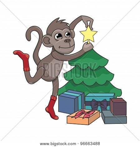 Monkey Decorating A Christmas Tree