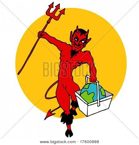 Obrázek ďábel drží svět v košíku.
