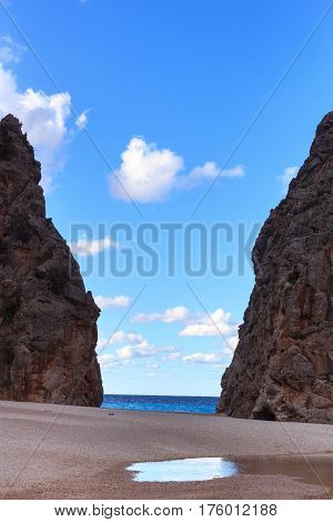 Canyon Torrent De Pareis, Beach And Mediterranean Sea, Majorca, Spain