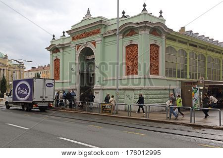 RIJEKA CROATIA - OCTOBER 17: Farmers Market in Rijeka on OCTOBER 17 2014. People at open market in Rijeka Croatia.