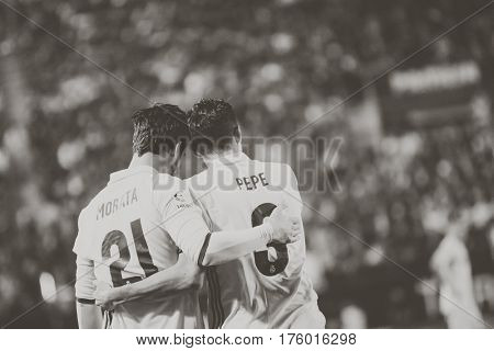 VILLARREAL, SPAIN - FEBRUARY 26: (L) Morata and Pepe during La Liga match between Villarreal CF and Real Madrid at Estadio de la Ceramica on February 26, 2017 in Villarreal, Spain